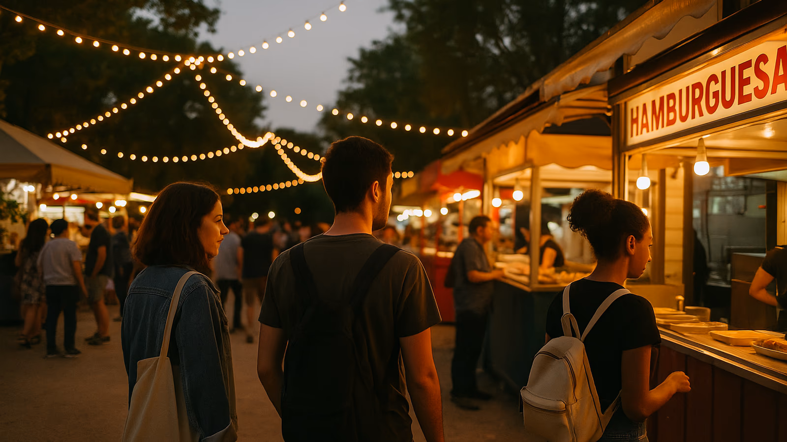 Ambiente festivo con luces y puestos de comida en el Parque de la Bombilla durante las Fiestas de San Antonio