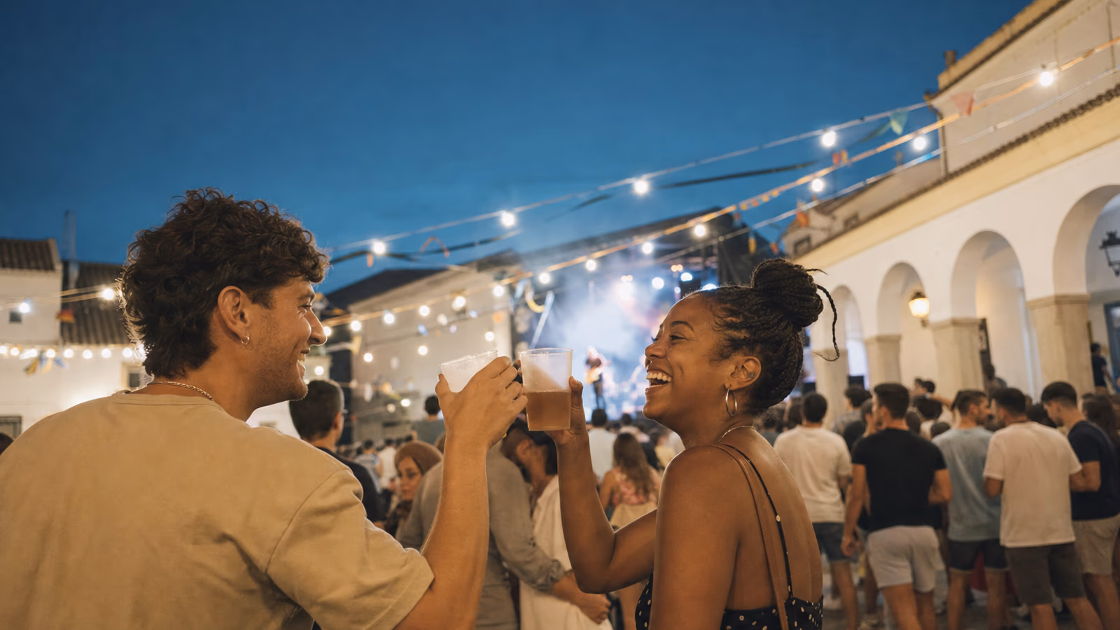 Two friends toast in a square strung with lights during a night-time festival concert