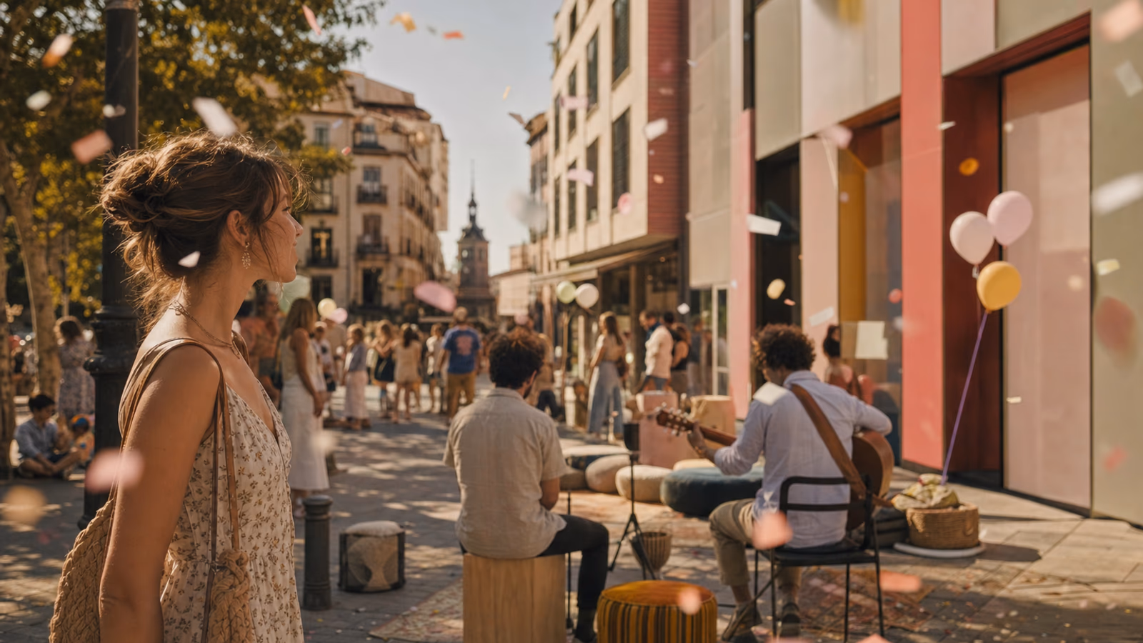 Street musicians playing outside a colourful museum, with balloons and confetti in the air