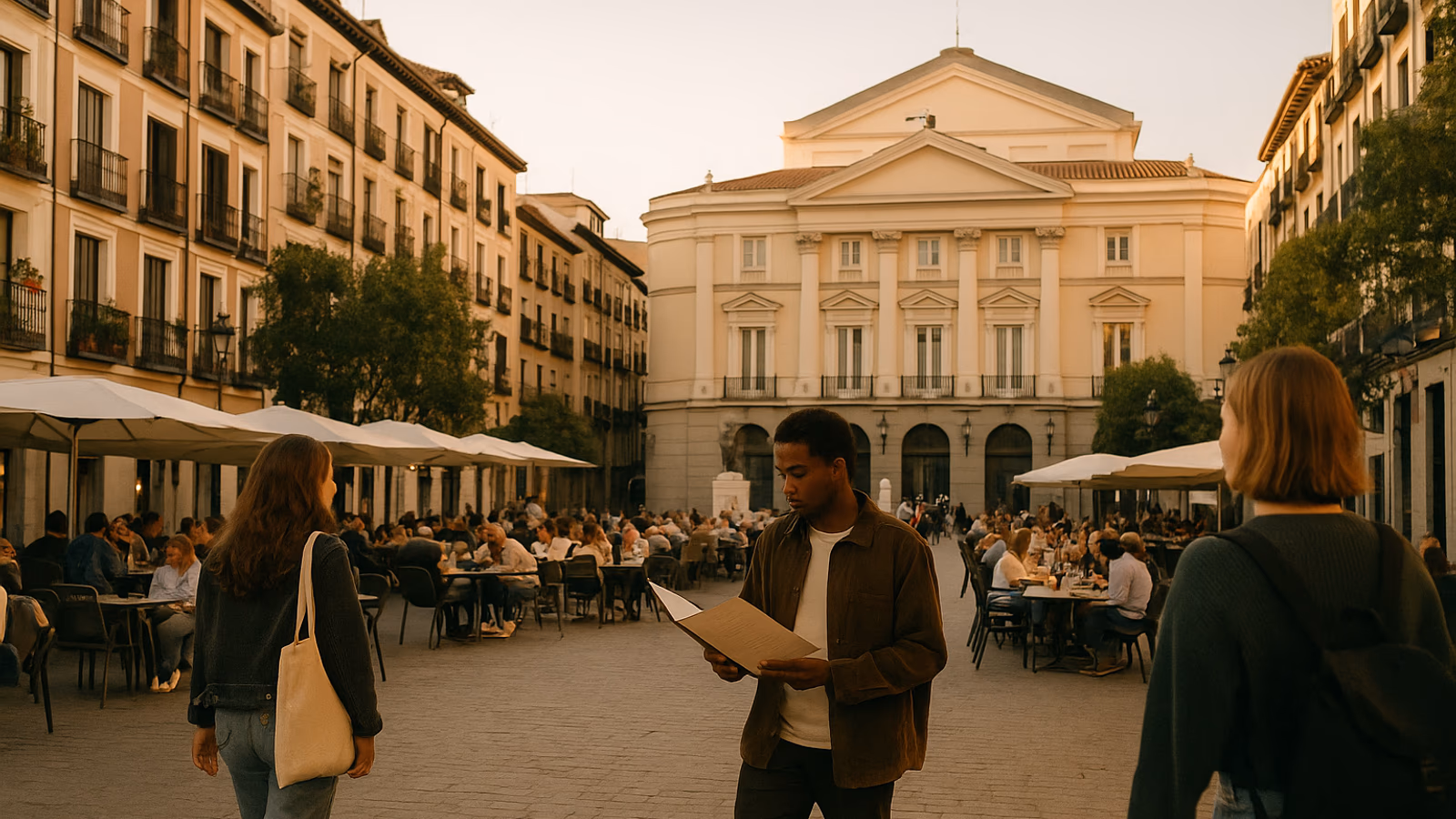 Plaza de Santa Ana con terrazas y el Teatro Español al fondo