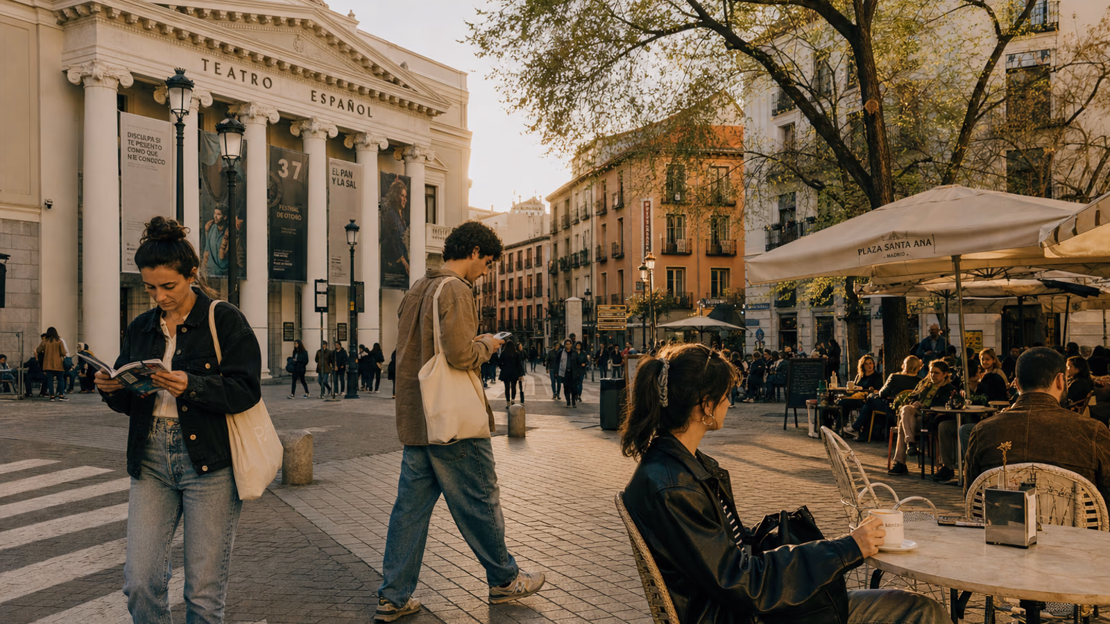 Vista de una calle del Barrio de las Letras con inscripciones literarias en el pavimento