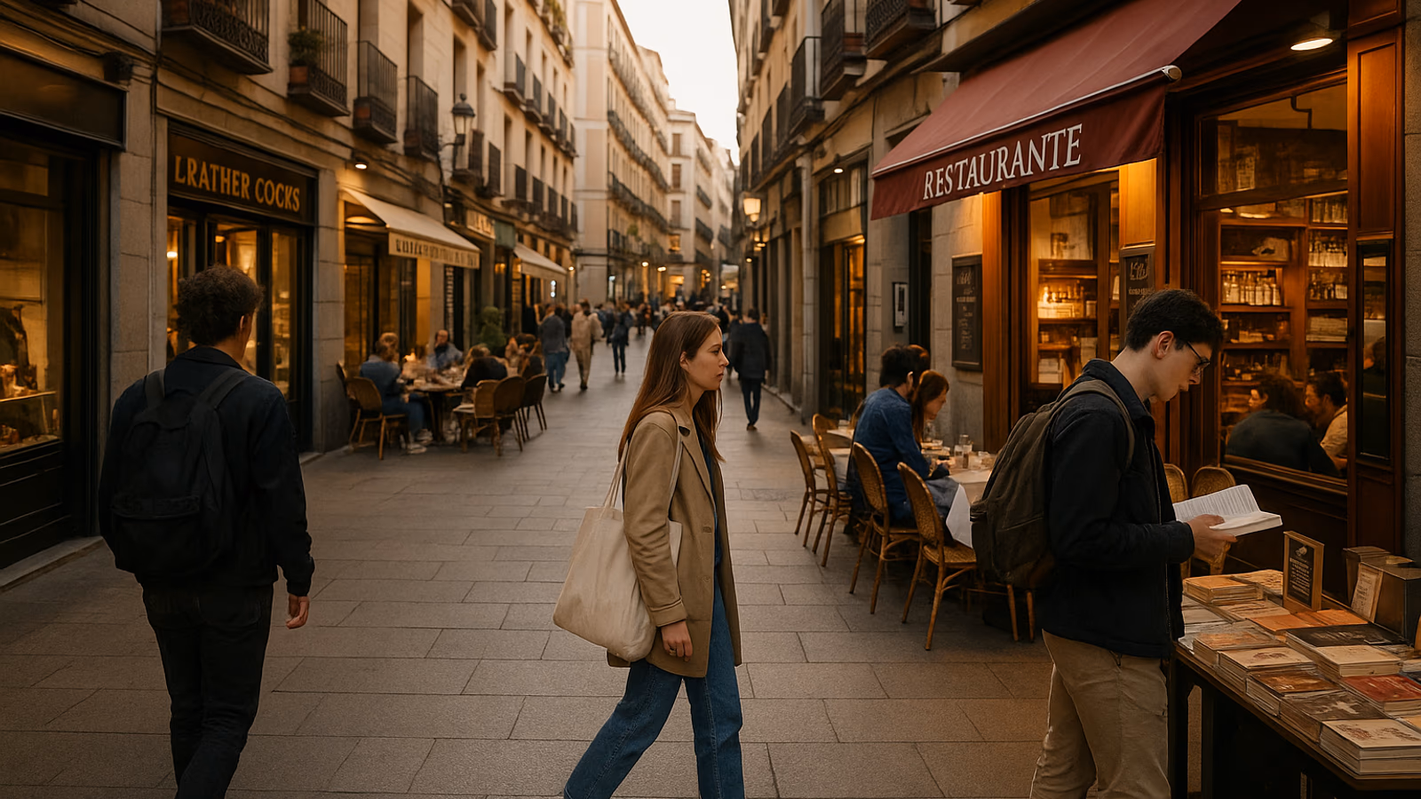 Calle peatonal en Madrid con tiendas y restaurantes cerca de Puerta del Sol.