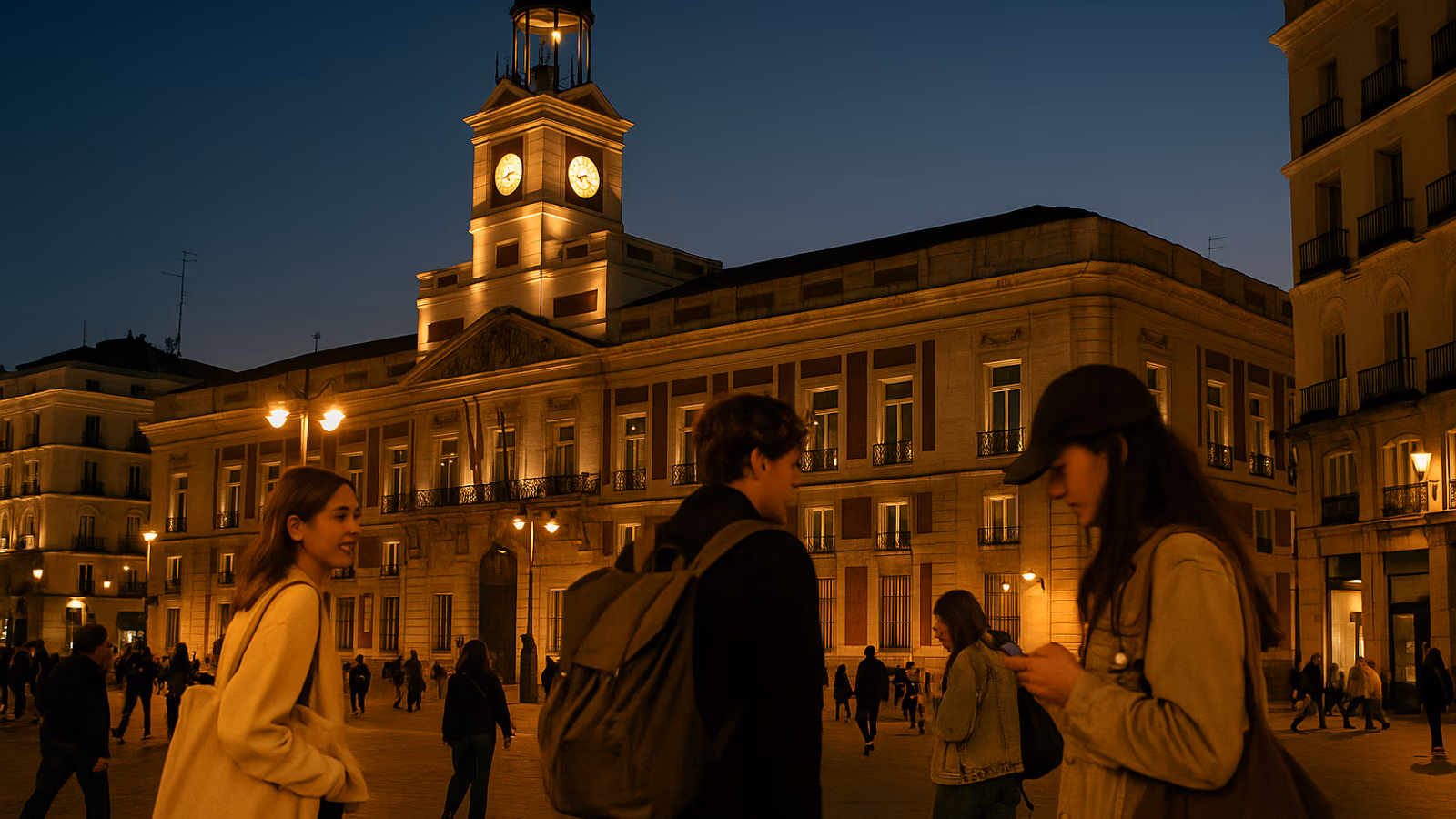 Vista nocturna de la Puerta del Sol con su reloj iluminado.