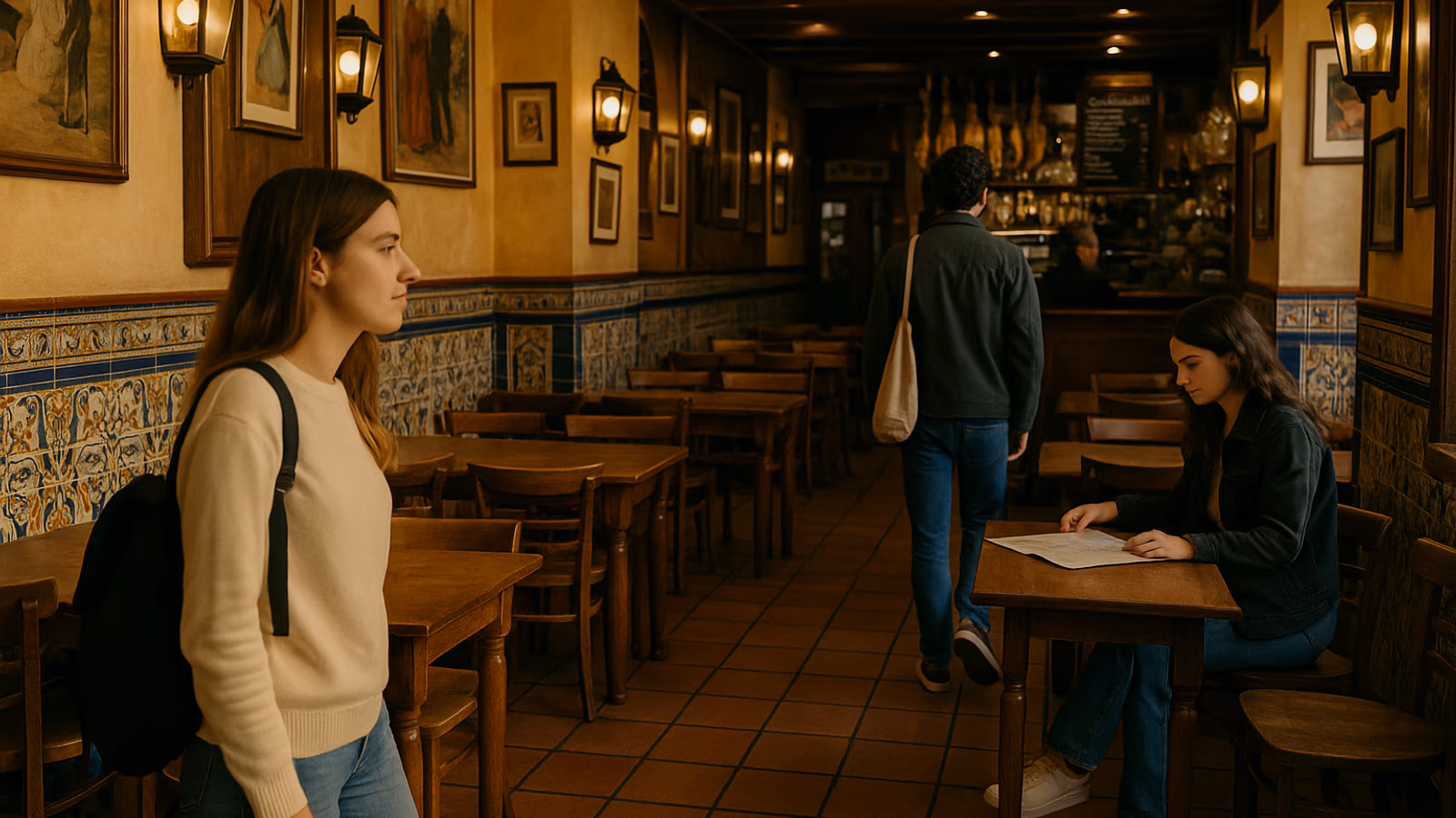 Interior de una taberna madrileña tradicional con mesas de madera y decoración castiza