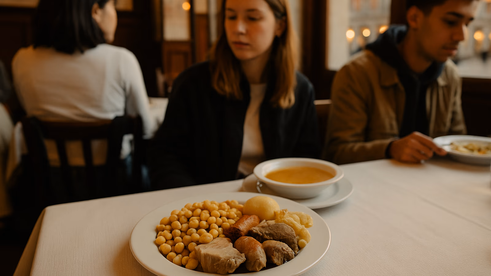 Plato de cocido madrileño servido con sopa, garbanzos y carne en un restaurante tradicional