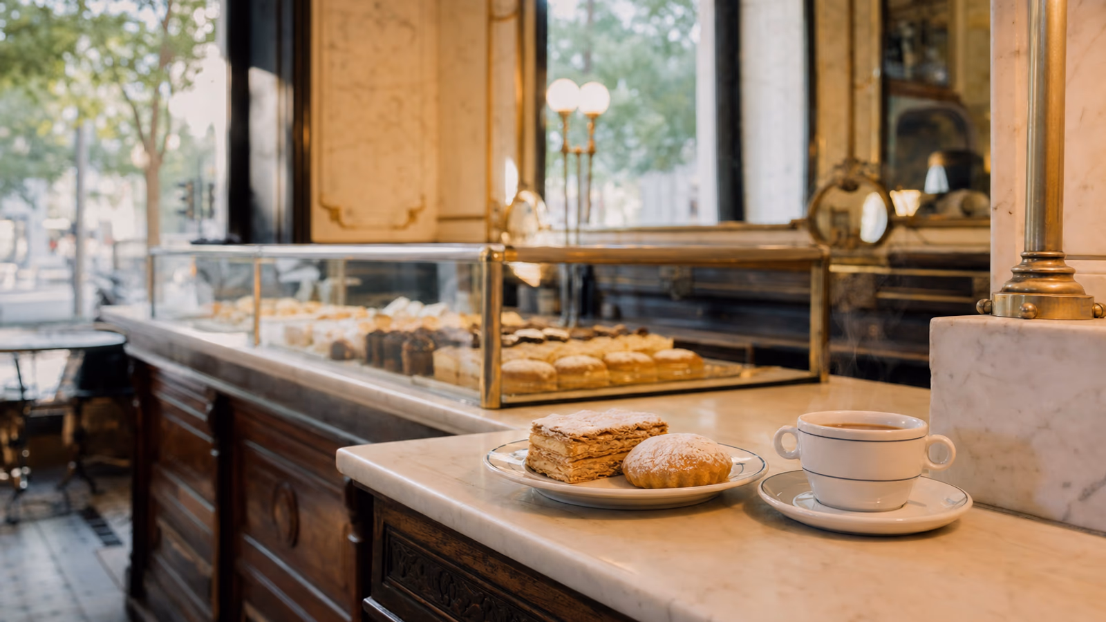 A cup of consomme and pastries on the marble counter of a classic Madrid cafe, with the pastry display behind