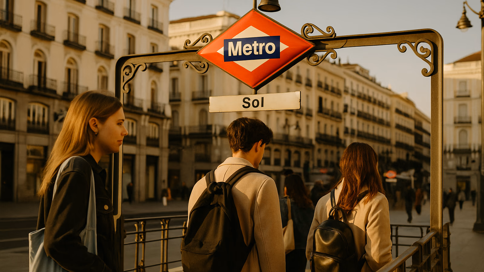 Entrada al metro de Sol con la icónica señal luminosa