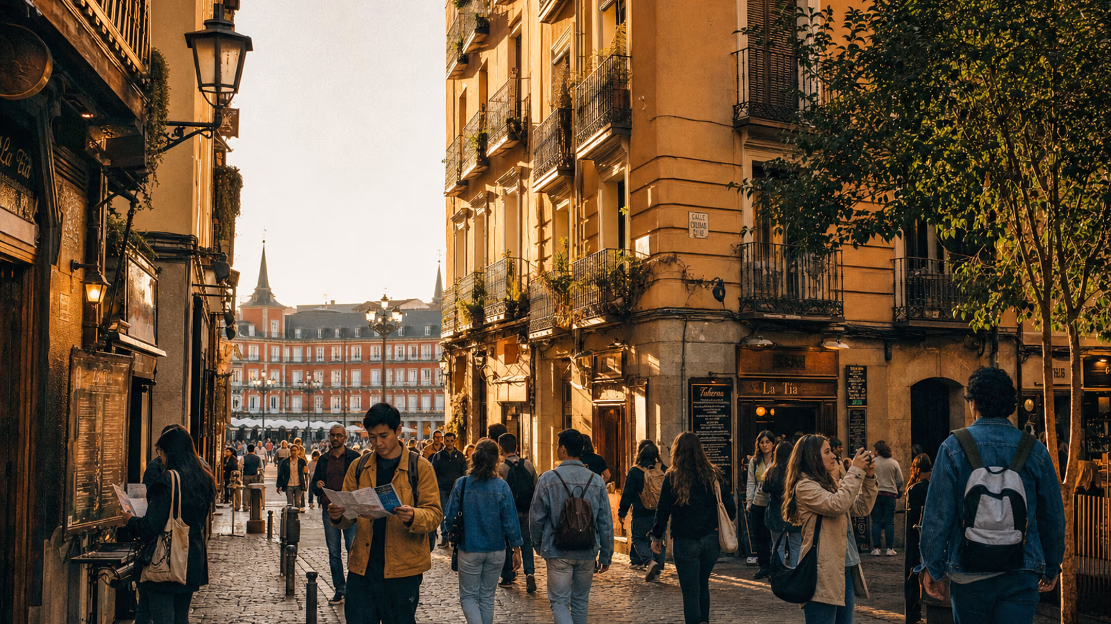 Fachada del hostal Inter Plaza Mayor en una calle tranquila del centro de Madrid