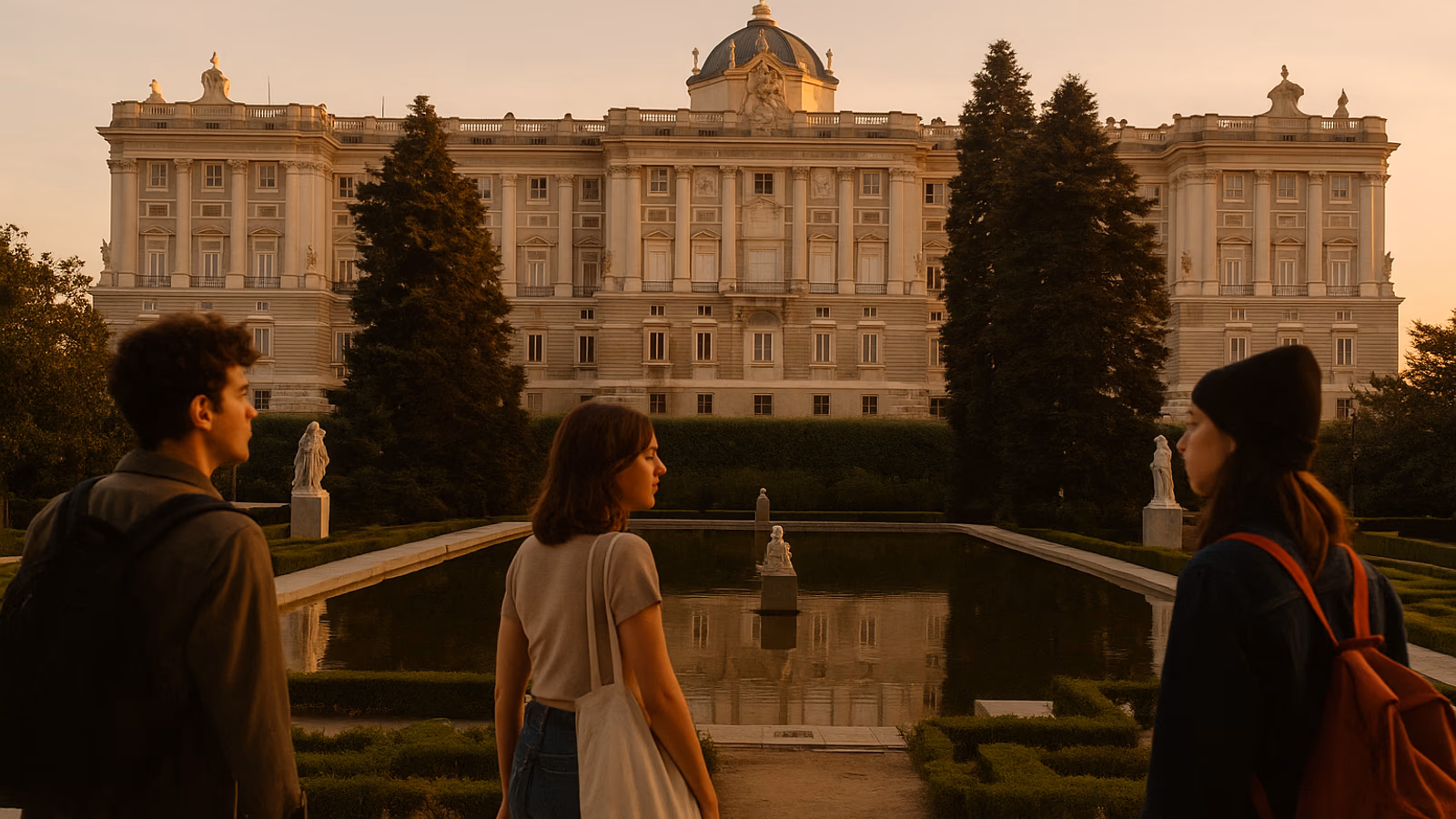 Vista del Palacio Real con sus jardines al atardecer