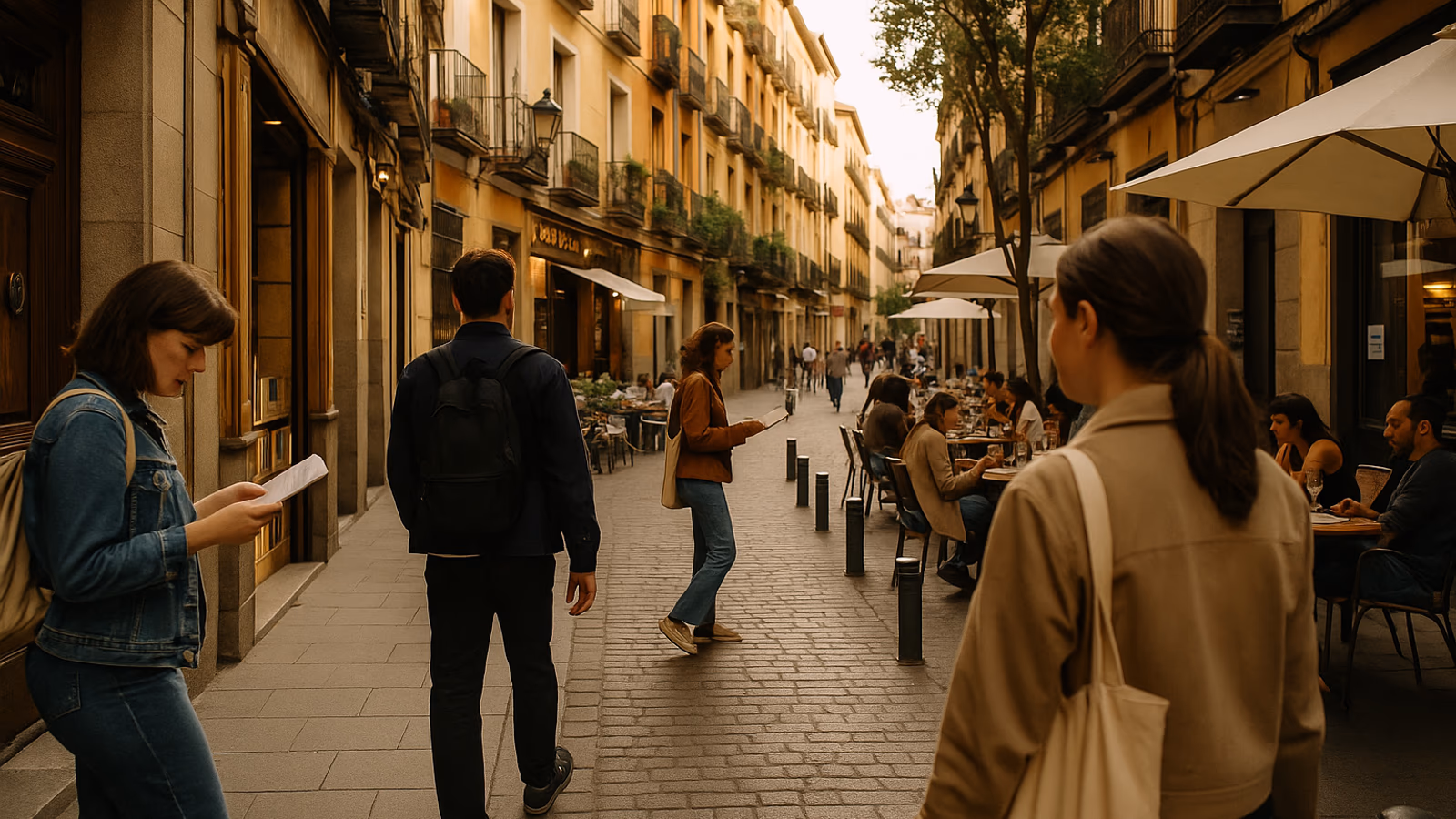 Calle típica del Barrio de las Letras con terrazas y peatones