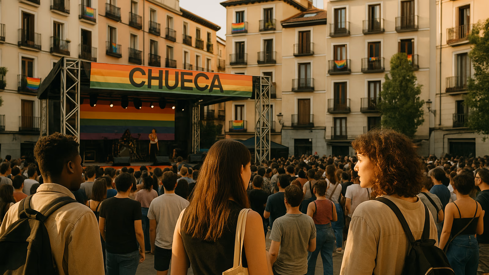 Escenario del Orgullo en Chueca con público disfrutando