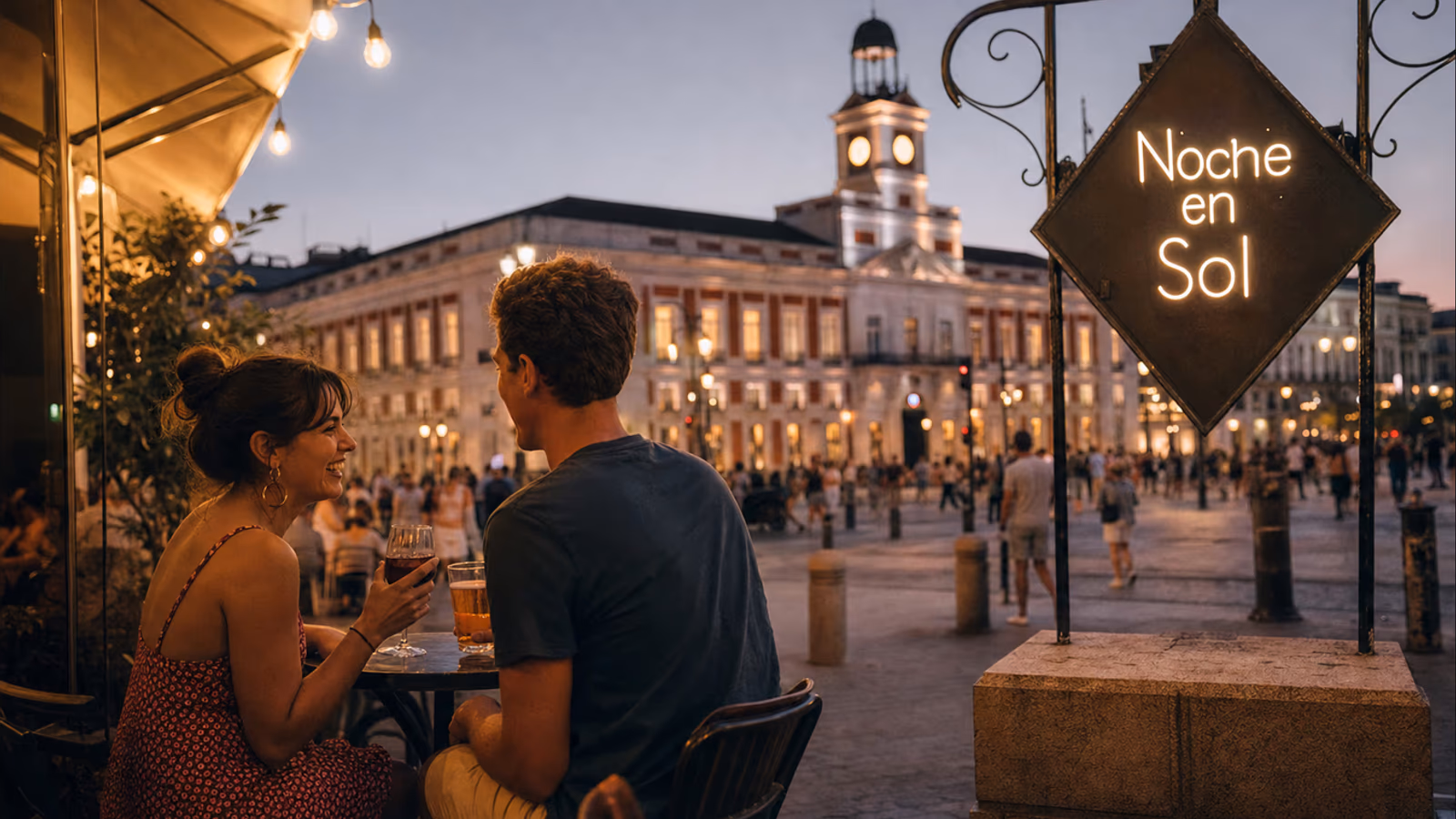 Puerta del Sol iluminada de noche en Madrid